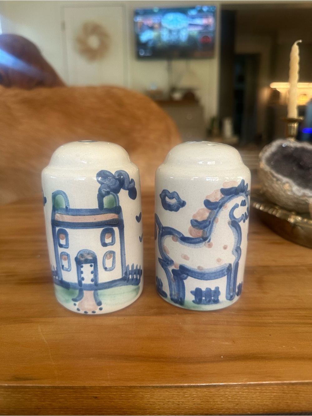 M.A. Hadley S&P shaker set handmade pottery house horse blue